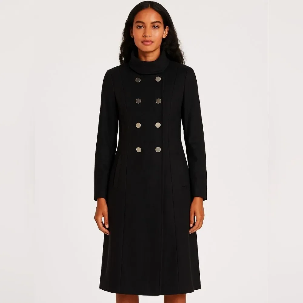 GUESS wool blend military style midi black silver buttons long over coat